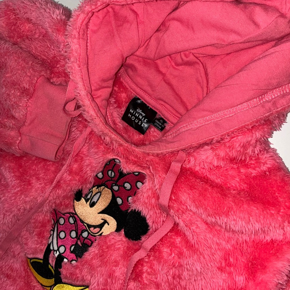 Disney Minnie Mouse Women's XL Pink Fuzzy Fleece Hoodie Embroidered Pullover